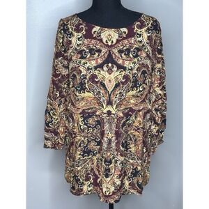 J Jill Soft Boat Neck Tunic Blouse Orange Paisley Long Sleeve Blouse Size PS